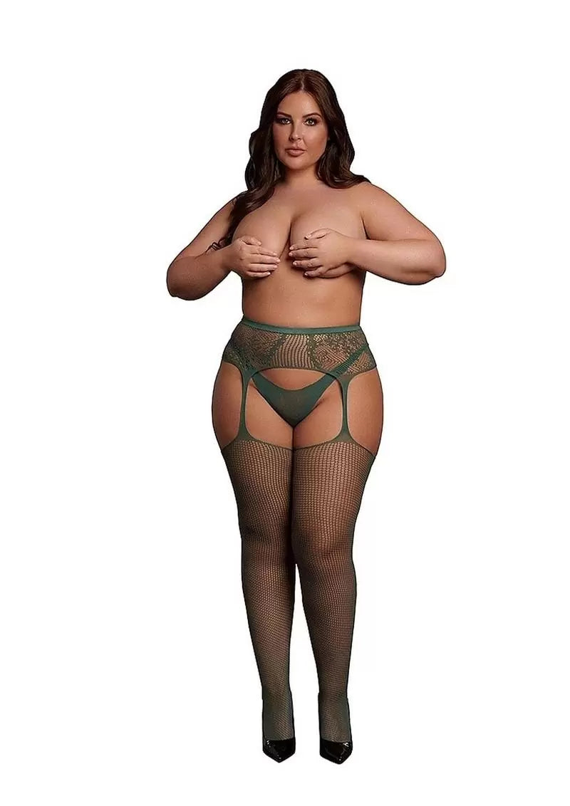 Le Desir Fishnet and Lace Garterbelt Stocking – Queen – Green