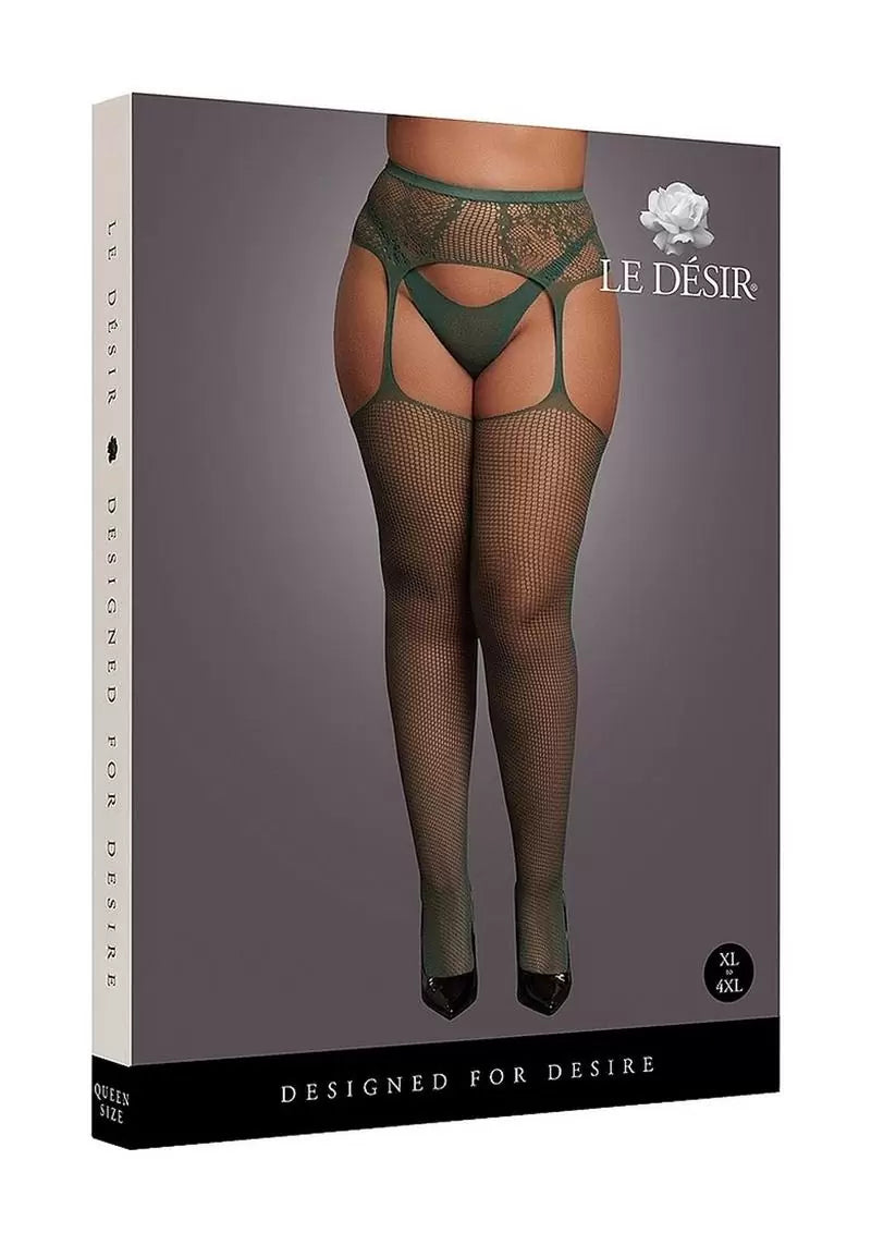 Le Desir Fishnet and Lace Garterbelt Stocking – Queen – Green