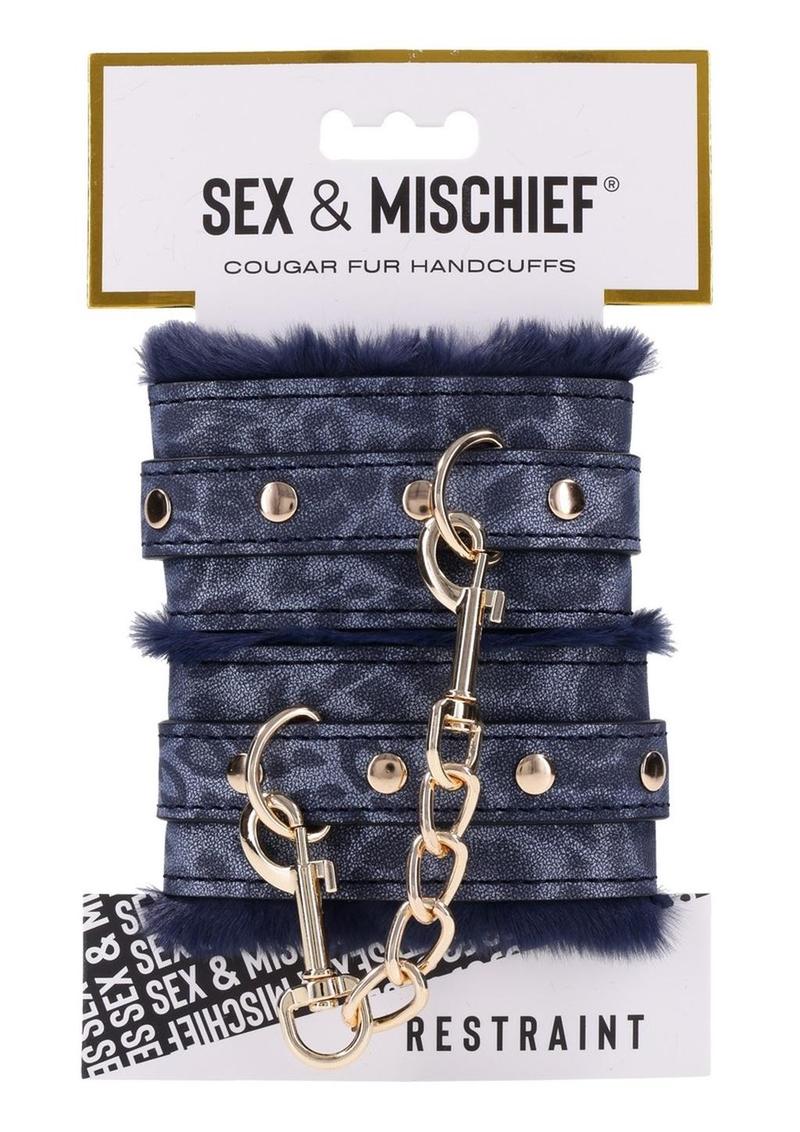 Sex and Mischief Cougar Fur Handcuffs – Navy/Gold