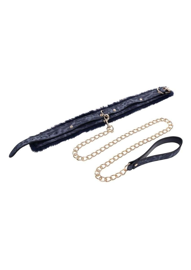 Sex and Mischief Cougar Fur Collar; Leash – Navy/Gold