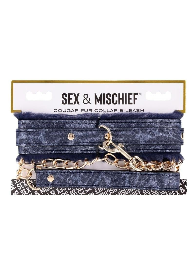 Sex and Mischief Cougar Fur Collar; Leash – Navy/Gold