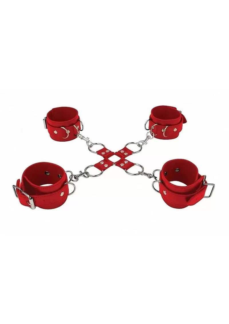 Ouch! Leather Hand and Leg Cuffs – Red