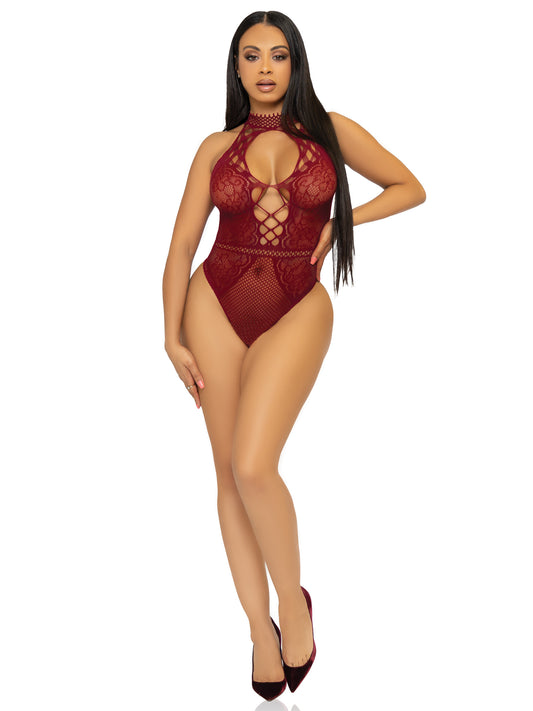 Net and lace keyhole halter bodysuit.