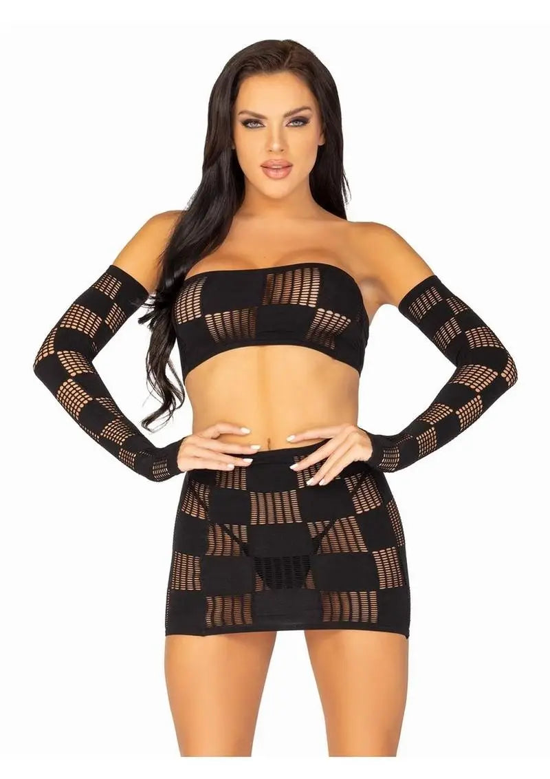 Checkerboard Net and Opaque Bandeau Mini Skirt and Arm Warmers – OS – Black