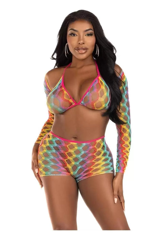 Rainbow Hardcore Net Bra Top, Shrug, and Boy Shorts (3 Piece) – O/S – Multicolor