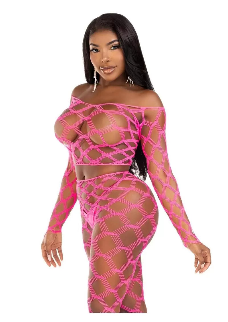 Hardcore Net Crop Top and Footless Tights (2 Piece) – O/S – Neon Pink
