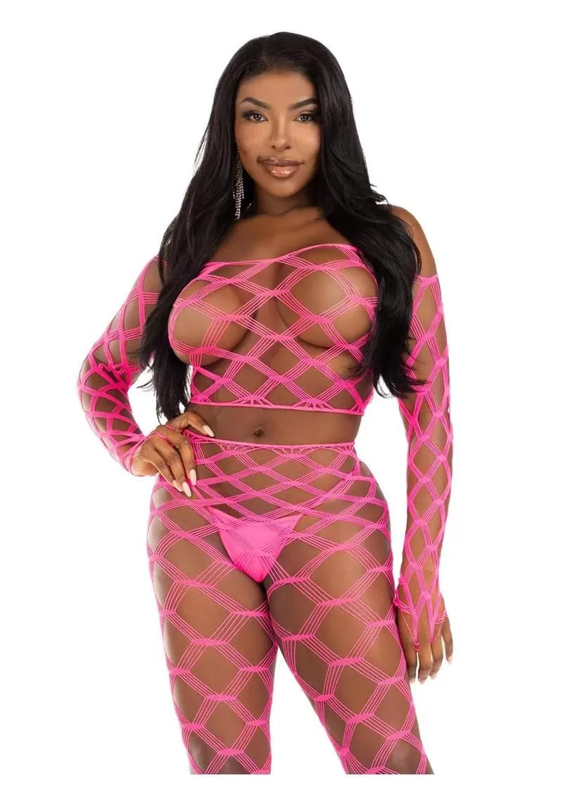 Hardcore Net Crop Top and Footless Tights (2 Piece) – O/S – Neon Pink