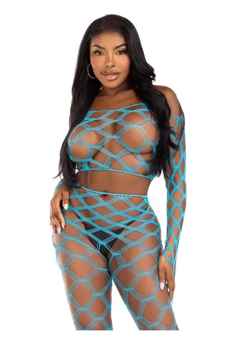 Hardcore Net Crop Top and Footless Tights (2 Piece) – O/S – Neon Pink
