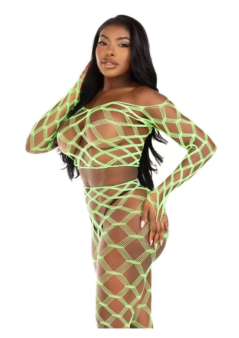 Hardcore Net Crop Top and Footless Tights (2 Piece) – O/S – Neon Pink