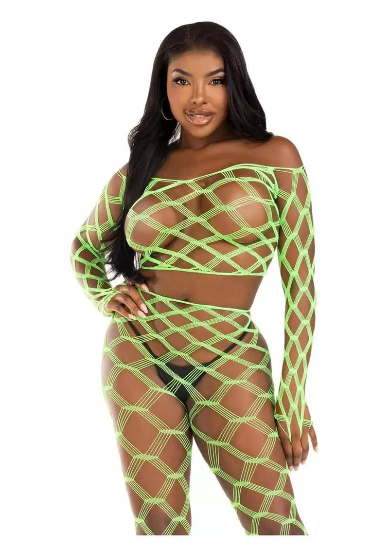 Hardcore Net Crop Top and Footless Tights (2 Piece) – O/S – Neon Pink