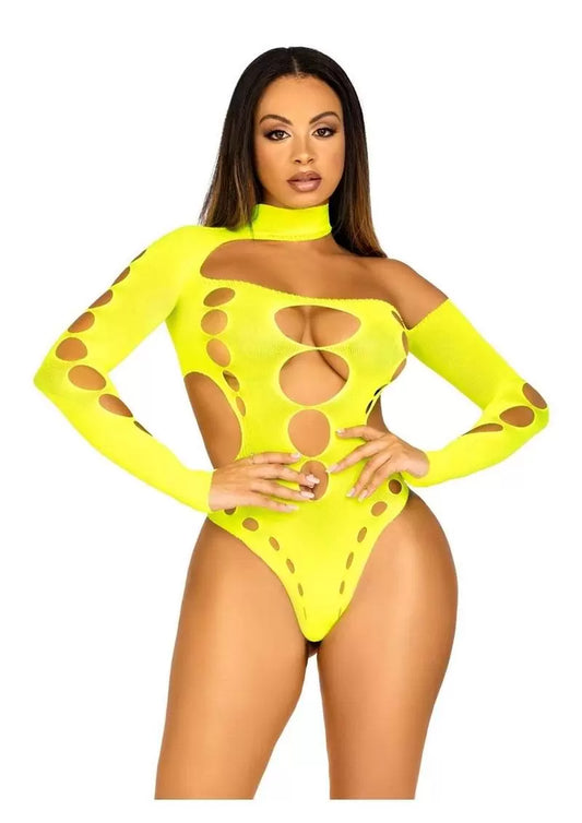 Seamless Asymmetrical Cut Out Thong Back Bodysuit – O/S – Neon Yellow
