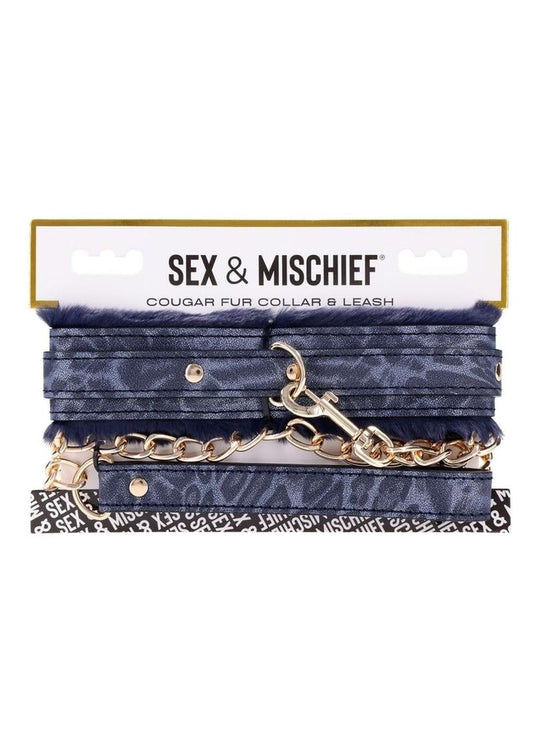 Sex and Mischief Cougar Fur Collar; Leash – Navy/Gold