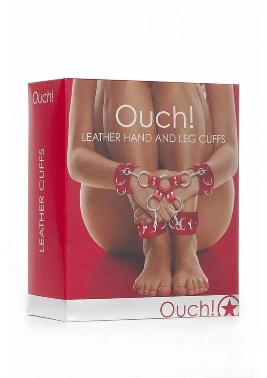 Ouch! Leather Hand and Leg Cuffs – Red